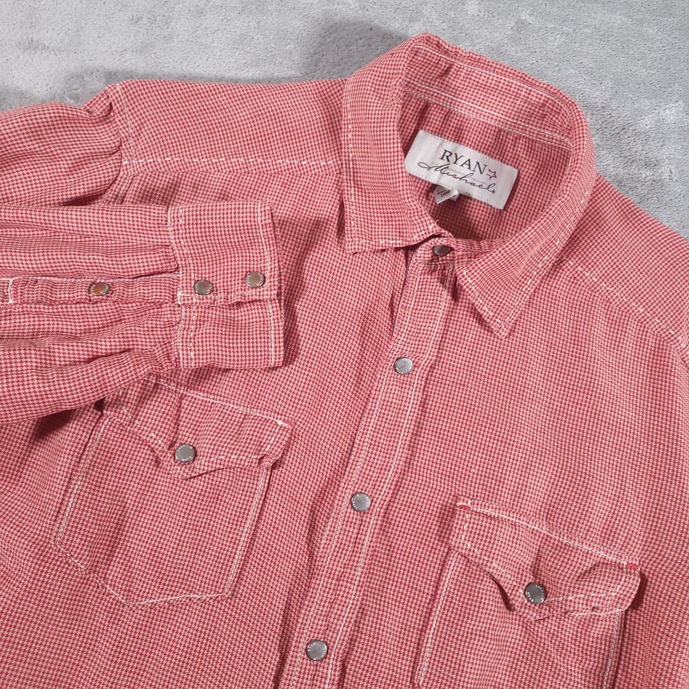 Ryan Michael Shirt Mens L Cherry Red Linen Silk‎ Houndstooth Western Snap Front